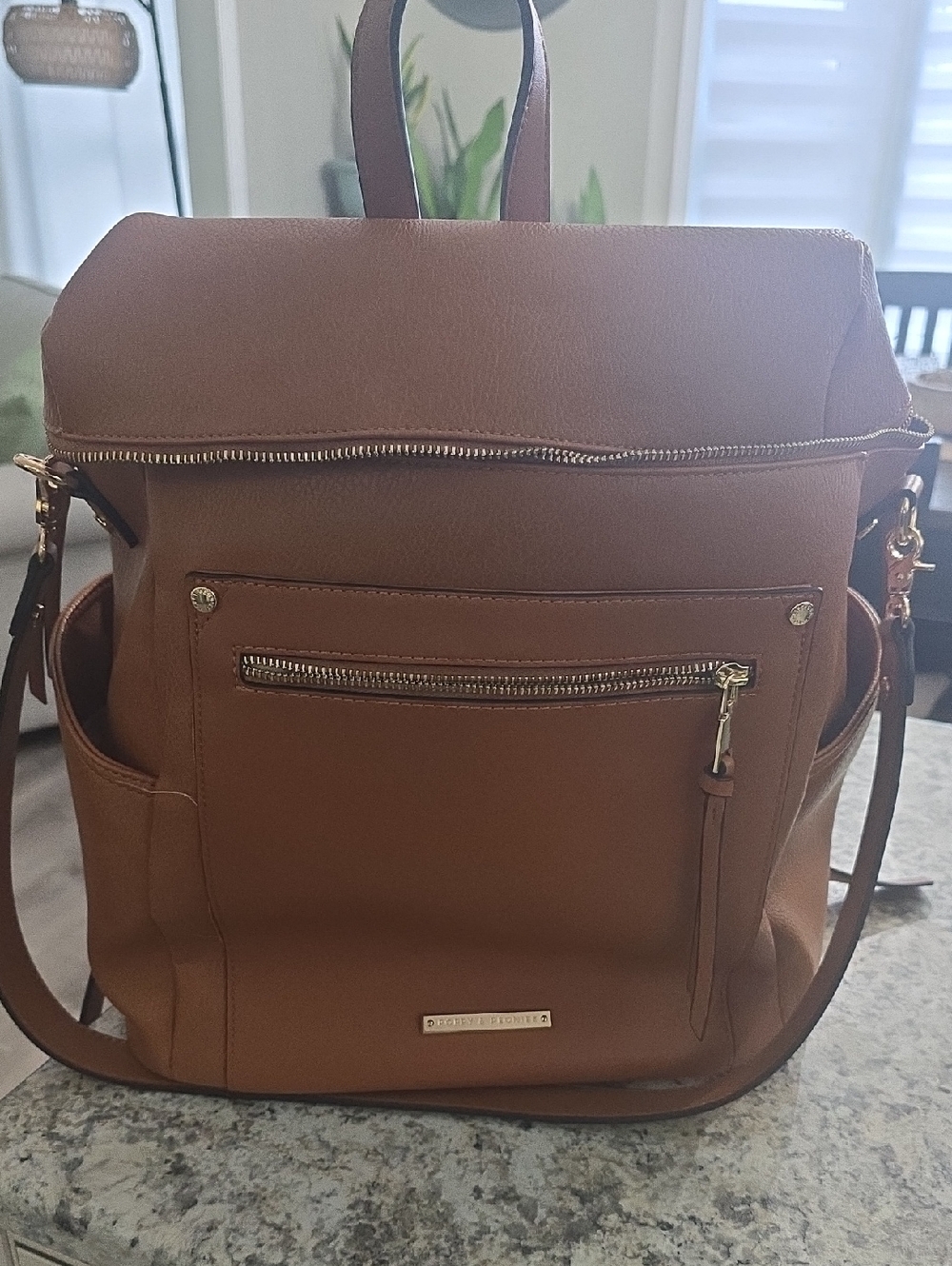 Poppy & Peonies Tan Structured Backpack with Gold Hardware